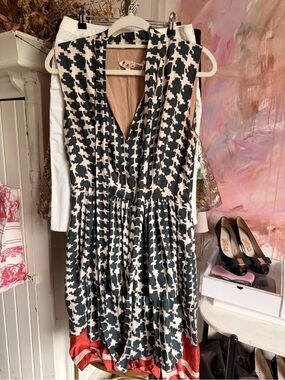 Marni Black and Cream Printed Midi Dress with Red Hem